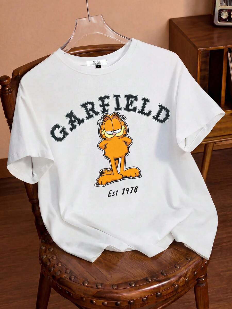 GARFIELD | SHEIN Casual Loose Fit Round Neck Short Sleeve Women T-Shirt, Suitable For Summer - White - View 1