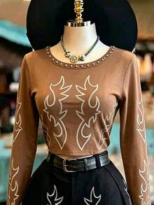 NostaNoir Women's Round Neck Stud Decor Casual Streetwear 2000s Versatile Everyday T-Shirt Concert Rave Brown Autumn - Multicolor - View 3