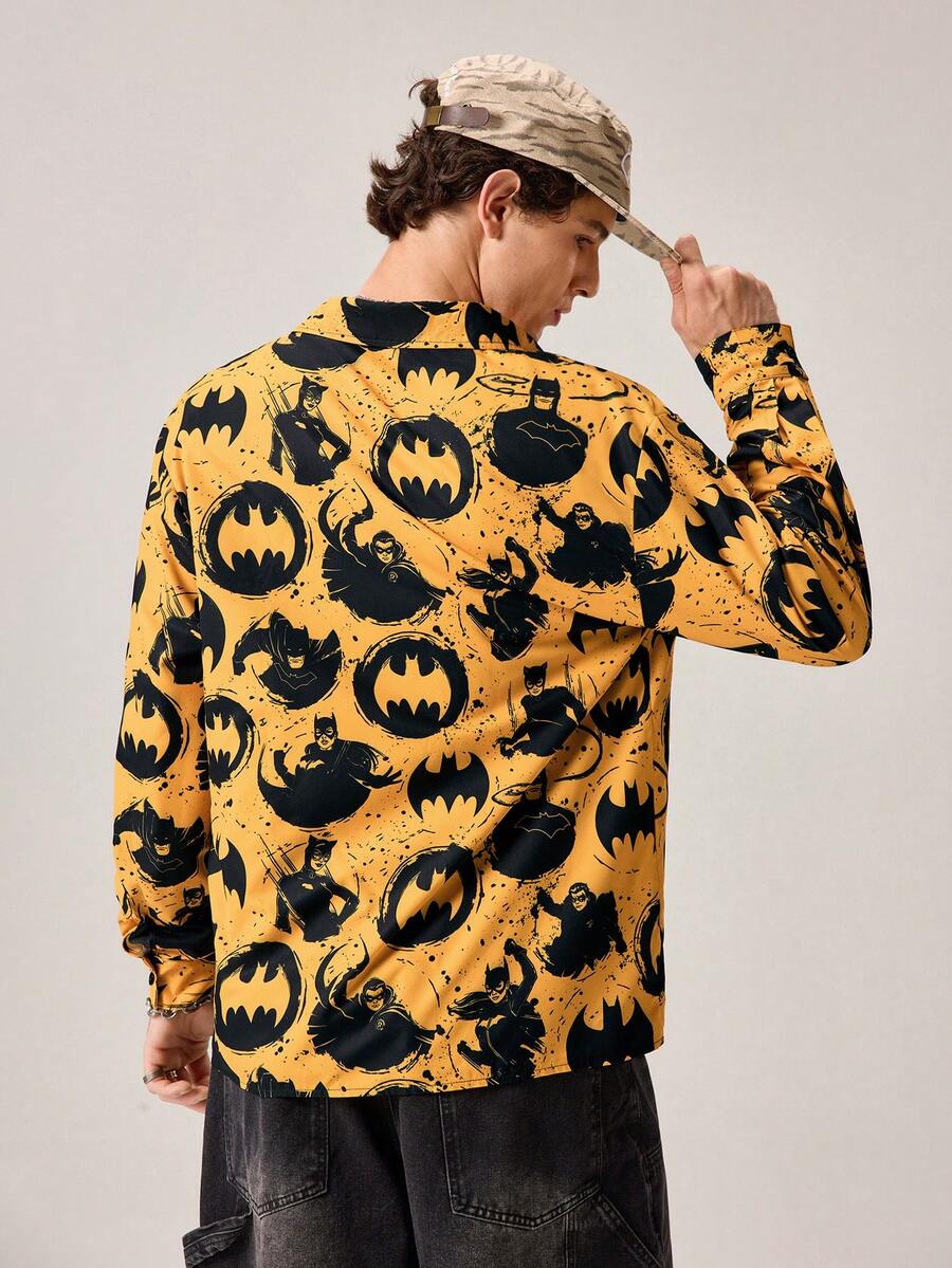 Strevion BATMAN Men's Casual Cat & Digital Print Long Sleeve Shirt - Yellow - View 1