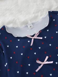 Girls' Royal Blue Small Heart Print Long Sleeve Cropped Top And Matching Heart Print Long Pants Pajama Loungewear Set - Royal Blue - View 4