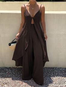 DAZY Spring Summer Casual Vacation Style Long Striped Cami Dress & Long Straight Leg Pants Women 2 Pieces Set - Brown - View 3