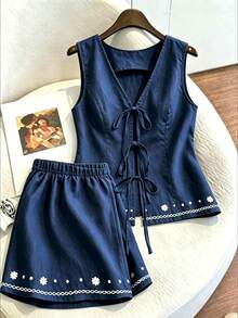SHEIN Franclia 女款亞麻套裝 夏季重工刺繡綁帶無袖背心休閒寬腿短褲 亞麻兩件套 - 藏蓝色 - 查看 3