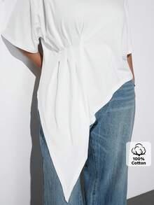 Maija Camiseta de talla grande blanca con cuello redondo, manga corta, diseño de cintura con dobladillo asimétrico, estilo moderno de vacaciones casual de bajo perfil, estilo de dinero antiguo de calidad premium, ropa de crucero, minimalista de lujo de Oriente Medio, textura esencial, atuendo de moda, casual de negocios, ropa de oficina urbana para mujeres, ropa de viaje de alta calidad, versátil para todas las estaciones - Blanco - Ver 5