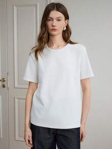 Dazy-Less 女款圓領短袖白色素色紋理布料寬鬆極簡基本休閒T恤，適合夏季早午餐 - 白色 - 查看 3