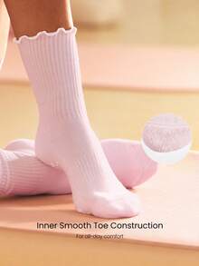 GLOWMODE 2-Pair Cotton Blend Powerhouse Pilates Grip Socks With Lettuce Trim & Anti-Slip Grips Daily Active Studio Wear - White + pink. - View 4