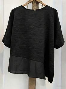 Linhara Spring/Summer Fashion Casual Resort Wear Simple Plus Size Crew Neck Solid Color Women's Shirt Plus Size Women's Beach Top - Black - View 2