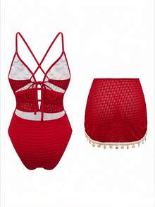 Swim Oasis-D Baju Renang One-Piece Wanita Warna Polos dengan Tali Bahu Tipis dan Hiasan Rantai Kerang di Bagian Depan & Rok - Burgundy - View 2