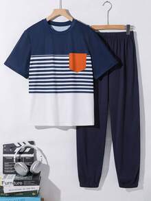 SHEIN 2件組青少年男孩休閒簡約字母印花圓領套頭上衣套裝，適合夏季 - 彩色 - View 4