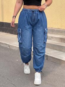 POPSWAY Plus Size Casual Solid Color Multi-Pocket Drawstring Cargo Pants - Multicolor - View 4