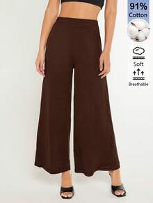 SHEIN BASICS 女款純色時尚百搭寬鬆寬腿褲 夏季女裝套裝 - 棕色 - 查看 1