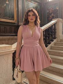 SHEIN MOD Plus Size Women's Pink V-Neck Ruched Waist Short Jumpsuit - Dusty Pink - View 2