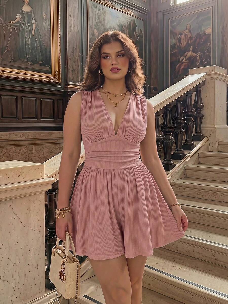 SHEIN MOD Plus Size Women's Pink V-Neck Ruched Waist Short Jumpsuit - Dusty Pink - View 1