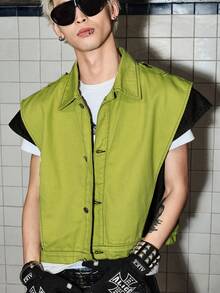 ROMWE MEN Street Life Men's Double Layer 2 In 1 Denim Vest Top - Green - View 1