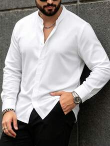 Manfinity Homme Manfinity Plus Size Men's Big & Tall Long-Sleeve Henley Shirt; Suitable For Business-Casual Styling. - White - View 3