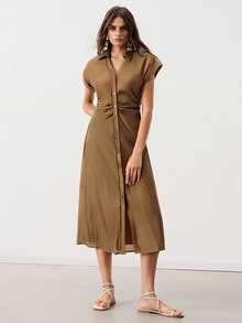 Aveloria Modichic Solid Color Minimalist Design Commuter Style Single-Breasted Cinched Waist Ruched Midi Dress For Women - Hot Pink - View 4