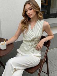 EastFlair Women's Green And White Striped Pleated Casual French Elegant Classy Versatile Daily Wear Top Tea Party Brunch Day Party Summer - Green - View 8