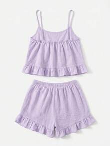 lacRébo Lilac Pajama Set With Tie-Front Cami Top, Button-Front Detail And Matching Ruffled Shorts Cotton - Purple - View 8