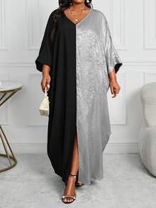 SHEIN Lady Plus Size Women Contrast Color V-Neck Batwing Long Sleeve Loose Casual Dress, Autumn/Winter Fall - Silver - View 3