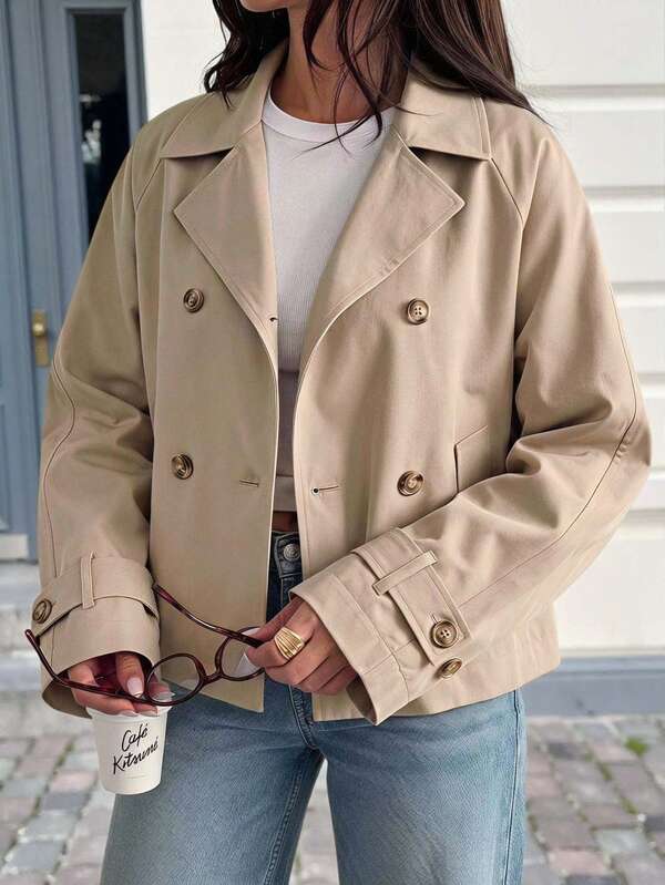 Solavibe Plus Size Women's Solid Color Raglan Long Sleeve Double-Breasted Casual Elegant Trench Coat Jacket Summer Cropped Teachers' Day Office Evening
