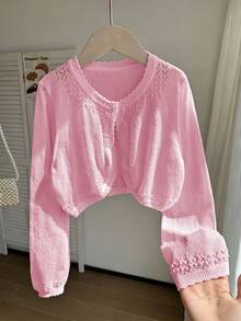 SHEIN Lightweight Knit Cardigan For Tween GirlsOpen Front Sweater, Outerwear To Match Camisole Dress - Pink - View 6