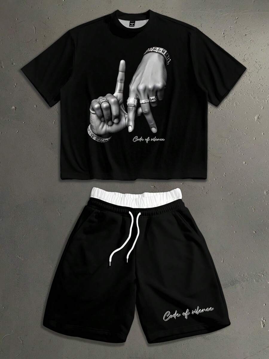 StoneGrade Los Angeles LA 字體酷手勢 Logo 時尚印花男士黑色標準尺寸落肩寬鬆短袖 T 恤與雙腰帶短款運動褲套裝 - 黑色 - 查看 1