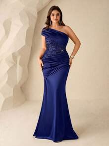 Coutiva Plus Size One Shoulder Ruched Elegant Cinched Waist Formal Evening Gown Dress - Navy Blue - View 1