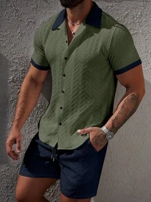 Manfinity CasualCool 男士拼色短袖單排扣襯衫與短褲休閒兩件套 - 彩色 - 查看 3