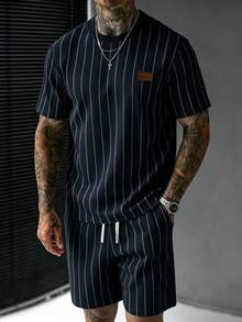 SLATEMANN 男士夏季休閒條紋T恤短褲套裝 - 藏蓝色 - 查看 1