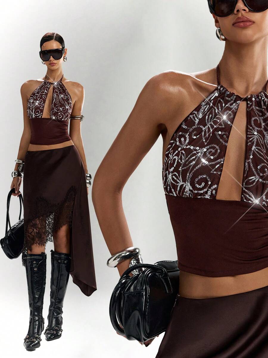 LYSMO Women's Halter Neck Brown Floral Floral Pattern Hollow Out Tank Top Club Summer Sexy - Coffee Brown - View 1