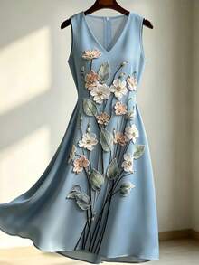 SHEIN Nuovo elegante abito lungo vintage blu stile vacanza francese, abito da donna con stampa digitale blu, adatto per estate, autunno e inverno, abito elegante da donna, abito da invitata a matrimonio da donna, abito elegante da festa da donna, abito da vacanza da donna, abito stile pastorale da donna, adatto per appuntamenti, vacanze, riunioni, abito blu da donna - Blu - Visualizzare 2