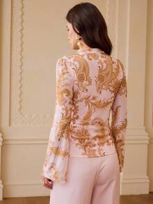 ZEYLAH Women's Contrast Lace V-Neck Long Sleeve Floral Print Top - Baby Pink - View 6