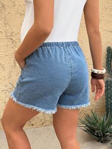 SHEIN Pregnant Women's Solid Color Front Button Round Neck Casual Denim Shorts Summer Festival Graduation Going Out Elegant Casual Formal - Blue - View 2