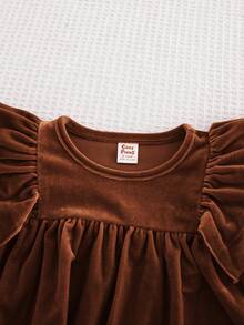 Cozy Pixies Baby Girl Lotus Pink Solid Color Ribbed Soft Round Neck Ruffle Hem 3D Bow Decor Classic Long Sleeve Waist-Cinching Dress, Toddler Girl Dress, Comfortable Versatile Fashion Daily Cute Casual Minimalist Basic Style, Autumn/Winter, Suitable For Indoor/Outdoor Casual, Outdoor Skiing - Rust Brown - View 6