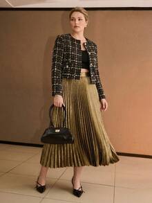 MOTF PREMIUM PLUS FASHIONABLE BRIGHT METALLIC GOLD PLEATED MID-LENGTH SKIRT FOR WOMEN FALL - Gold - View 1