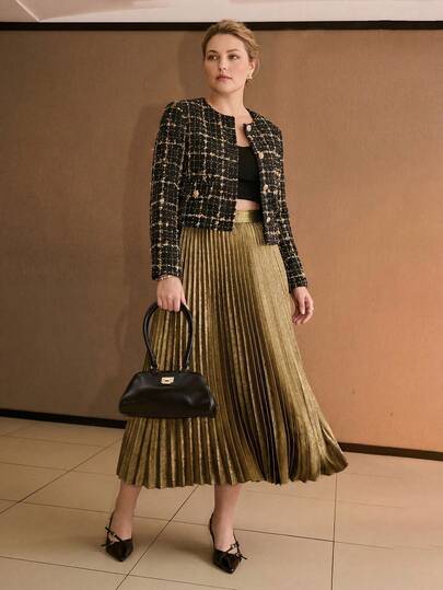 MOTF PREMIUM PLUS FASHIONABLE BRIGHT METALLIC GOLD PLEATED MID-LENGTH SKIRT FOR WOMEN