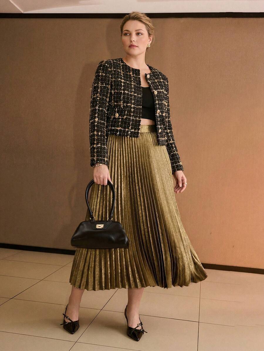 MOTF PREMIUM PLUS FASHIONABLE BRIGHT METALLIC GOLD PLEATED MID-LENGTH SKIRT FOR WOMEN FALL - Gold - View 1