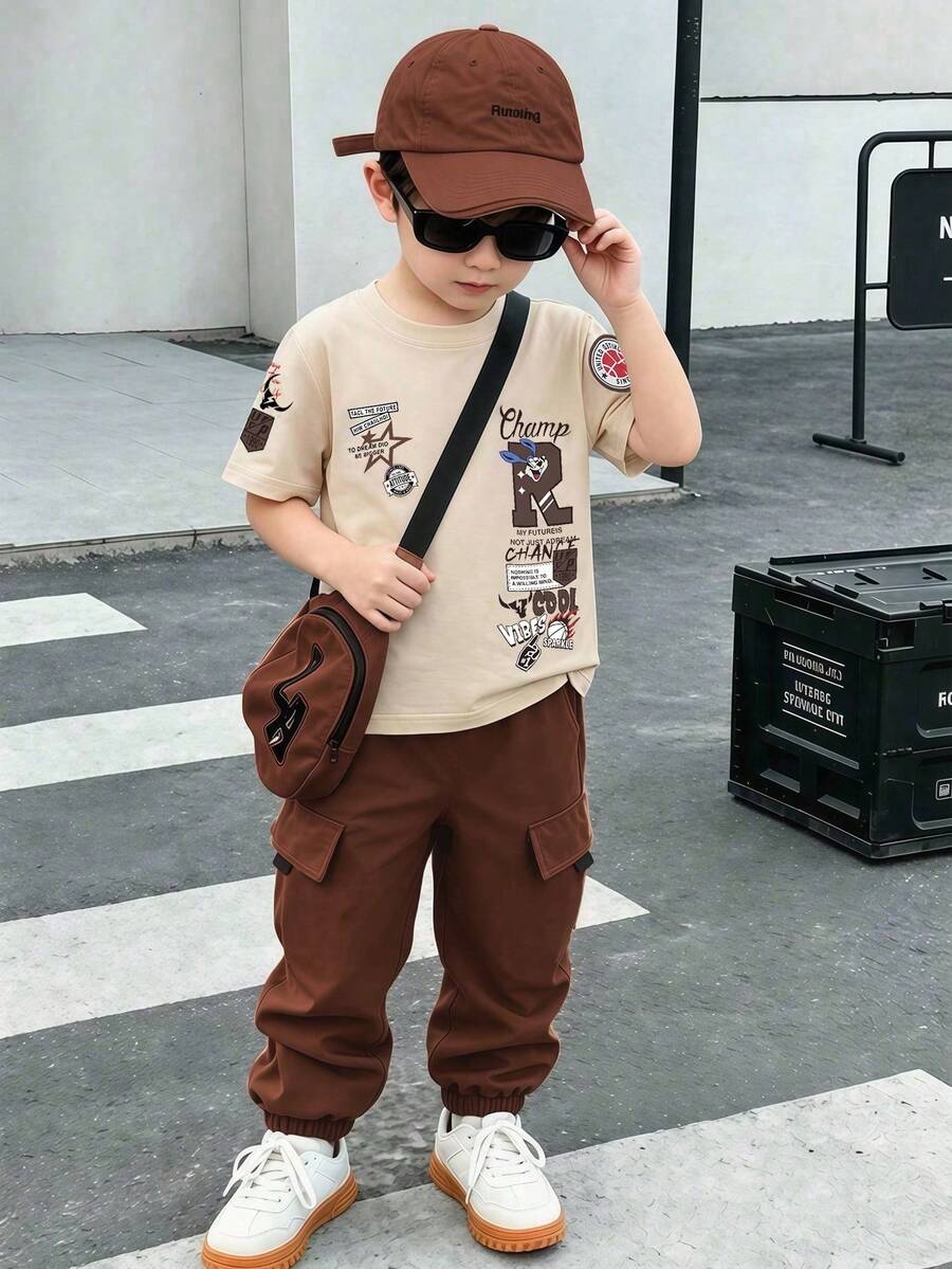 男童套裝 2件組 春夏新款印花黑色短袖T恤搭配工裝錐形長褲 休閒百搭套裝 - 卡其色 - 查看 1
