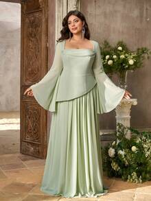 Aureia Plus Size Elegant Sage Green Chiffon Trumpet Sleeve 2 In 1 A-Line Maxi Dress Suitable For Wedding Party Ball Birthday Bridesmaid - Green - View 10