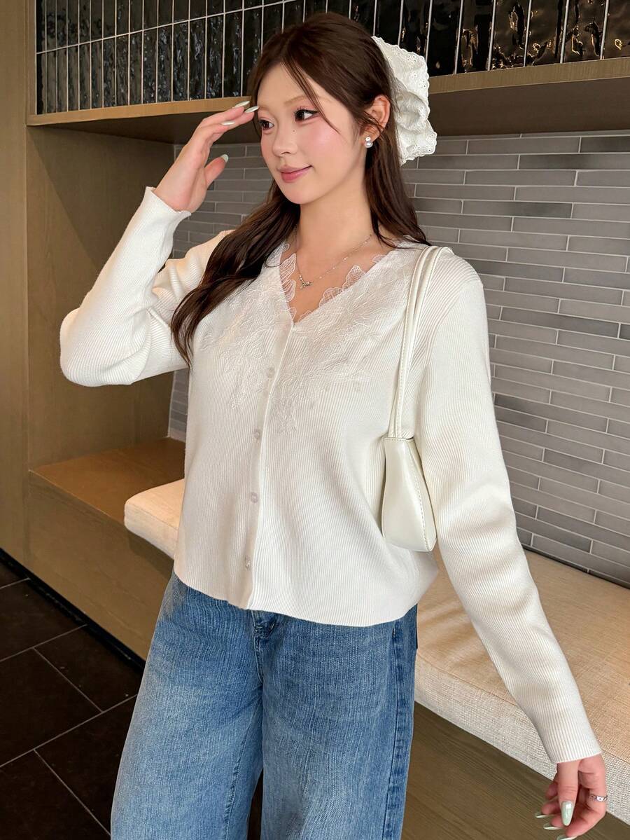 Bijouette Plus Size Women's Solid Color Long Sleeve Single-Breasted Cardigan, Soft Fabric, Japanese Sweet Style, Fall Sweater, All White Date Night Elegant - White - View 1