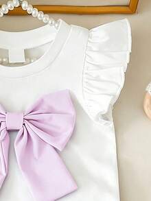 Souflis Souflis 6-9M-2-3Y 嬰兒女童 2 件套，甜美蝴蝶結裝飾飛袖圓領上衣 & 彈性腰粉色開衩短褲，適合日常穿著、聚會及其他場合 - 紫色 - 查看 7