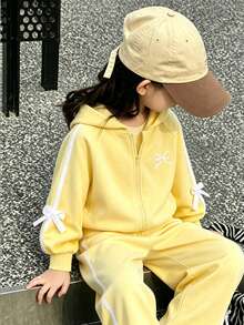 SHEIN Genkimix Kids Long Sleeve Little Girls 2‑Piece Casual Tracksuit, Fall Tops - Yellow - View 4