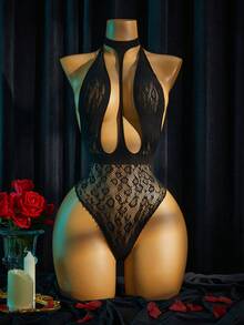 SpicyHot 1pc Leopard Print Lace Choker Halter Deep V Backless High Slit Sexy Teddy Lingerie Sleepwear - Black - View 3