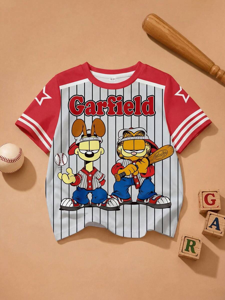 GARFIELD | SHEIN 男童休闲日常通勤时尚街头运动趣味卡通字母条纹图案撞色短袖T恤,夏季 - 白色 - 查看 1