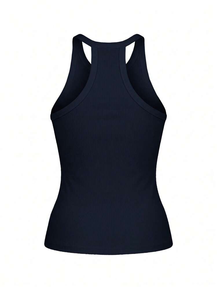 Slaydiva Spring/Summer New Casual Basic Versatile Solid White Ribbed Crew Neck Racer Back Off-Shoulder Women Tank Top. Suitable For Dates, Valentine's Day, Wedding Season, Party, Sexy Clubs, Sports,Yoga,Vacations, Beach, Boho Style, Sandy Beaches, Back To School, Everyday Outings, Party, Afternoon Tea, Brunch Outfits, Airport Outfits - Navy Blue - View 2