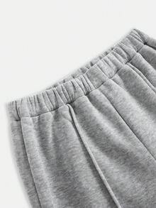 SHEIN Girlism 青少年女孩秋冬時尚灰黑蝴蝶結裝飾圓領長袖上衣與寬腿長褲運動衫套裝，返校季 - 灰色 - 查看 5