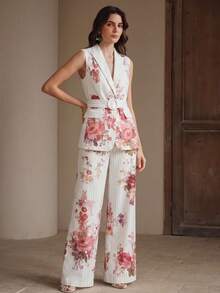 Anewsta Elegant Urban Chic Vintage Floral & Striped Print Lapel Sleeveless Vest With Belt + High-Waisted Draping Long Suit Pants, Women's Suit Set - Multicolor - View 4
