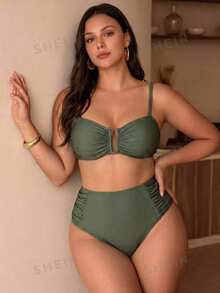 Swim Chiccia Sage Green Summer Elegant Beach Vacation Holiday Women Chiccia 2-Piece Bikini Set,Solid Color Textured Side Ruched Deep V-Neck Plus Size Swimwear - Green - View 5