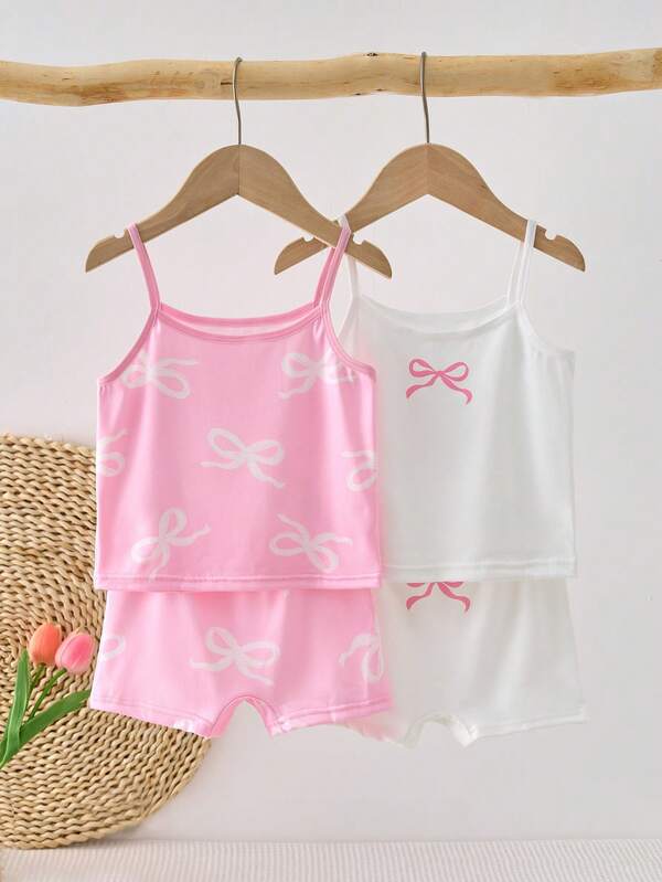 SHEIN 2pcs/Set Girls Toddler Bow Print Cute Sweet Pink & White Daily Fashion Soft Comfortable Camisole Tank Top + Four-Corner Panties