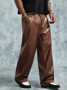 INCRYTM Men's Casual Solid Color Slant Pocket Loose PU Leather Pants - Brown - View 4