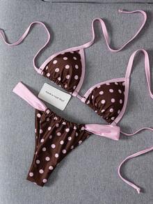 Swim Mod Spring/Summer Full Print Color Block Polka Dot Halter Tie Two Pieces Swimsuit Set - Multicolor - View 6